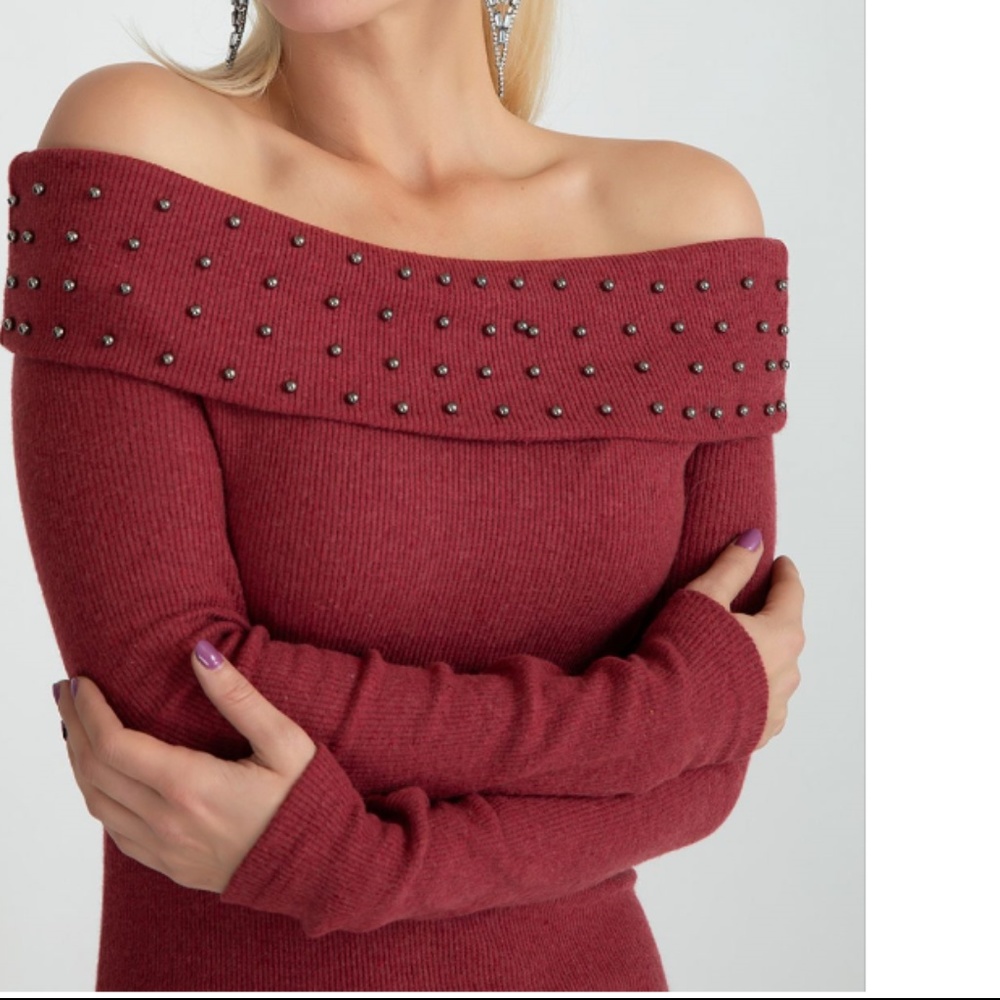 off the shoulder ribbed sweater dress
